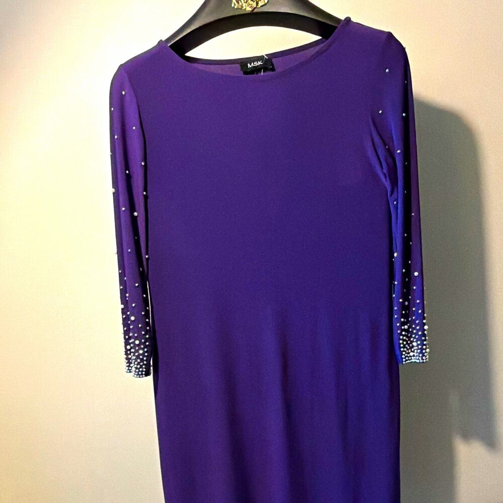 MSK Purple Solid Sheath Dress 3/4 Sleeve Round Neck Knee Length Beaded Pearl S